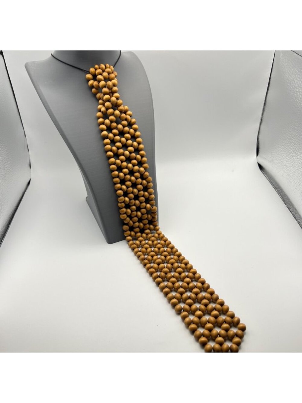 Wood Bead Necktie Necklace 16" Brown Tie Boho Statement Lightweight Vintage